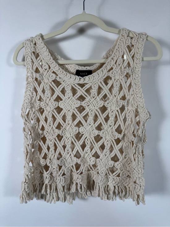 Vici Tops - VICI Cream Macramé Crochet Crop Tank Top Size S/M Fringe Western Boho Indie Knit